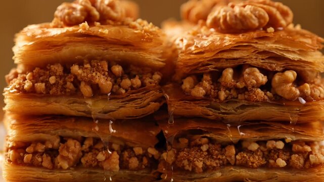 Golden traditional baklava pastry layers generously filled with chopped walnut, drenched sweet honey syrup, crowned with crunchy pieces, delicious flaky dessert, delightful satisfying snack