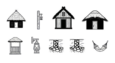 Fototapeta premium Black and White Line Art of Traditional Village Hut and Hammock
