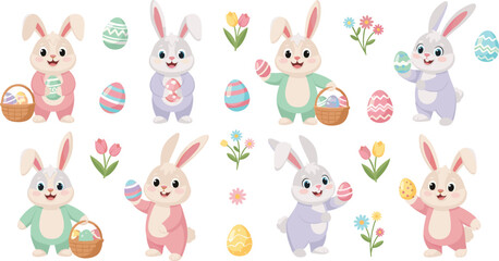Obraz premium Cute Easter Bunny Character Set with Cartoon Rabbits, Colorful Easter Eggs, Flowers, and Basket Elements for Spring Holiday Illustration and Kids Design