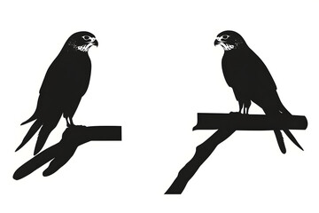 Fototapeta premium Pair of Perched Hawks: Two striking silhouettes of hawks perched elegantly on branches, showcasing their powerful presence against a clean backdrop.