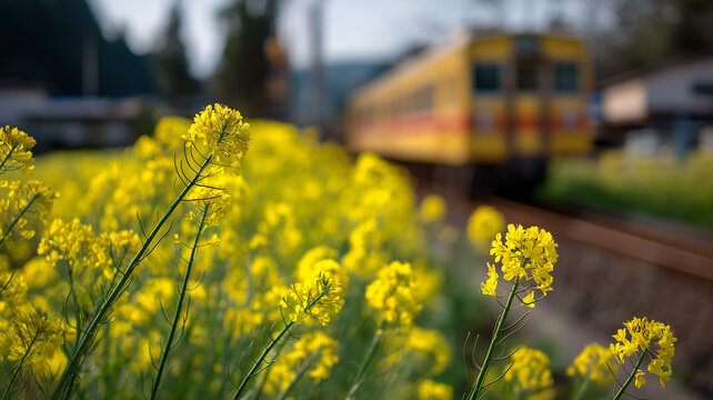 菜の花畑と走る列車の奥行きある構図 春の鉄道と自然の風景