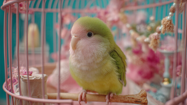 Cute green parrotlet bird in pink birdcage pet bird photography animal photography avian pet parrot image