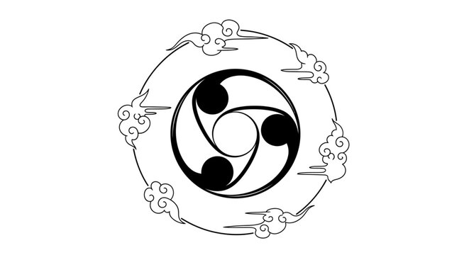 Black and white line art illustration of a traditional Japanese mitsudomoe symbol surrounded by stylized auspicious clouds in a circular design.