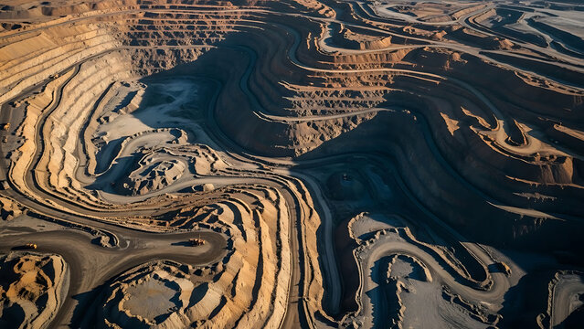Aerial View of a Massive Open-Pit Mine Revealing Intricate Terraced Layers and Winding Access Roads, Highlighting Industrial Scale Extraction and Earth Transformation