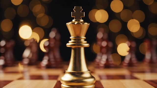 Golden King Chess Piece on Wooden Board with Bokeh Lights