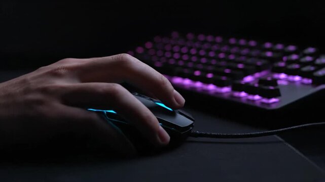 Hand using glowing PC mouse.