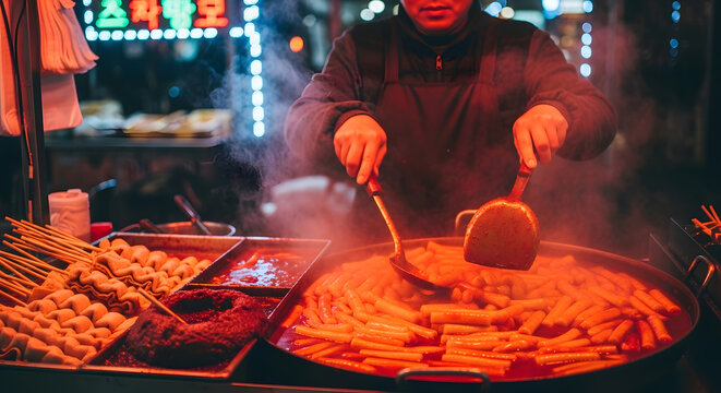 A vendor uses large spatulas to mix chewy rice cakes in a thick red chili sauce