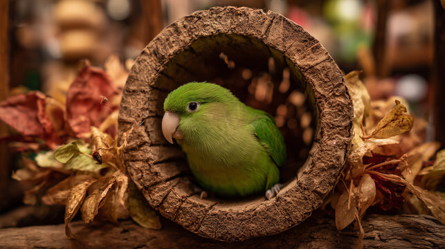 Green parrotlet bird pet portrait in log cute parakeet tiny bird exotic bird tropical bird small bird nature