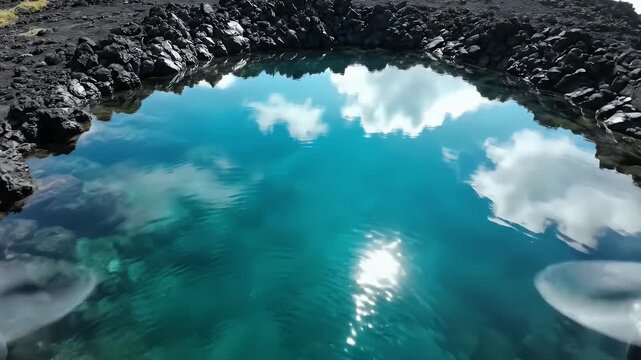 Hidden turquoise tidal pool reflecting clouds and bright sunlight