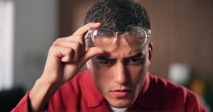 Confused, glasses or man in agency with laptop, tax error or missed payment in budget review. Question, specs or finance consultant in office with tech, debt report or shock at accounting mistake.