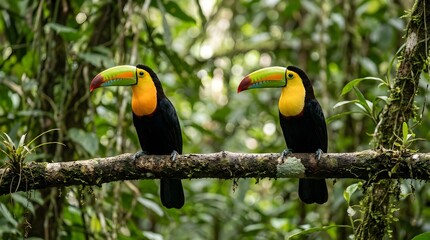 Fototapeta premium Two magnificent keel-billed toucans with their strikingly colorful large beaks are perched together beautifully on a moss-covered branch, looking out from the dense, lush tropical rainforest.