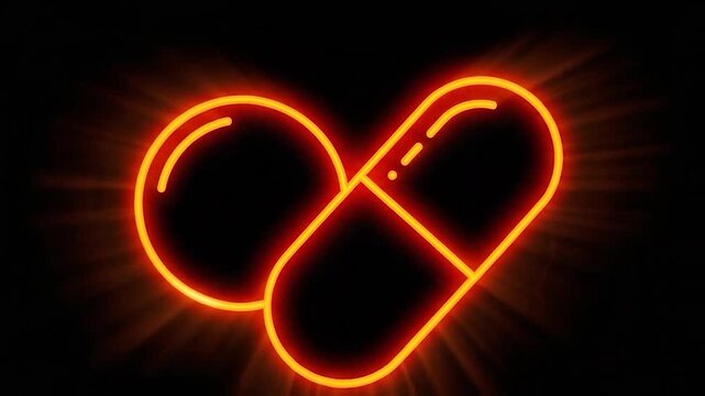 Neon outline of a pill and capsule forming a heart shape