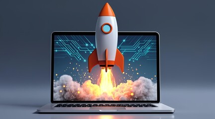 Rocket Launching from Laptop Screen Symbolizing Digital Startup Success and Technological Innovation