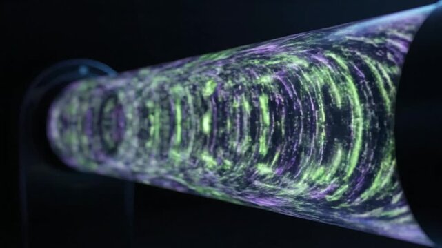 Abstract vibrant energy flow within a cylindrical containment unit, showcasing dynamic plasma and electromagnetic fields in a futuristic scientific experiment