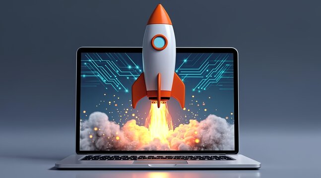 Rocket Launching from Laptop Screen Symbolizing Digital Startup Success and Technological Innovation