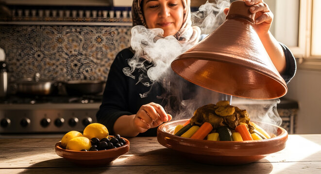 A woman lifts the conical lid of a clay vessel to reveal a hot stew of carrots and zucchini with lemons and olives nearby