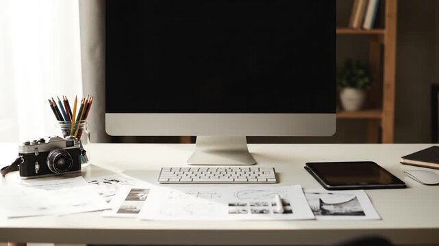 Desktop with computer  camera.