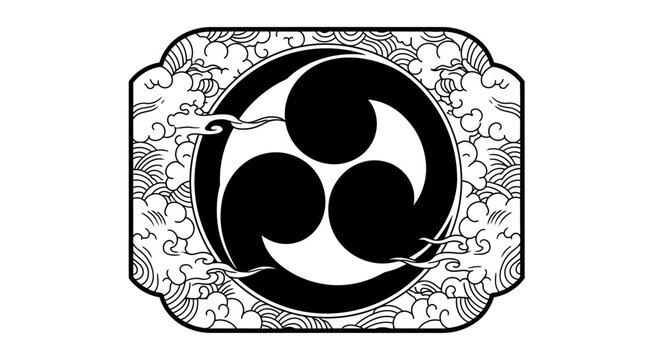 Traditional Japanese mitsudomoe symbol in black and white, set within an ornate rectangular frame adorned with swirling clouds and wave patterns.