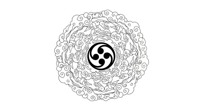 A black and white illustration of a swirling vortex of clouds surrounding a Japanese tomoe symbol.