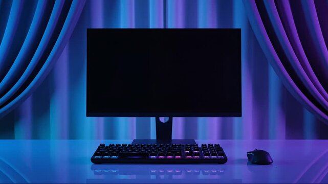 Computer setup with colorful lights.