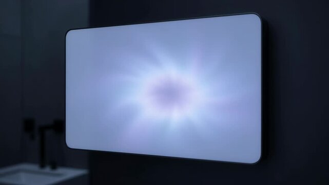 Modern rectangular smart mirror with glowing blue light, minimalist bathroom, illuminated wall mounted design, contemporary sleek reflective surface