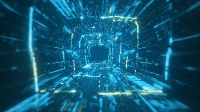 Abstract Digital Highway of Light and Data Flowing Through a Futuristic Network Tunnel, Illustrating Advanced Technology and Global Connectivity Concepts