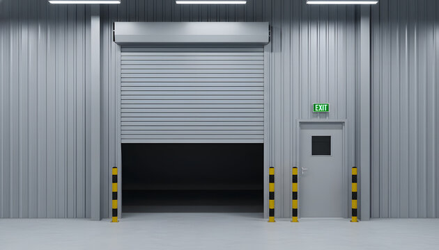 Bright modern industrial warehouse entrance with a partially open grey roller shutter door and a pedestrian exit door with an illuminated EXIT sign Th
