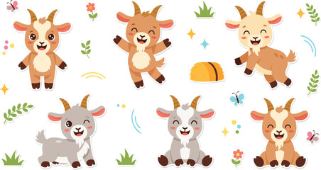 Naklejka premium Cute Cartoon Goat Character Set with Happy Farm Goats, Smiling Baby Goats, and Nature Elements for Kids Illustration, Farm Animal Design, and Children Graphics