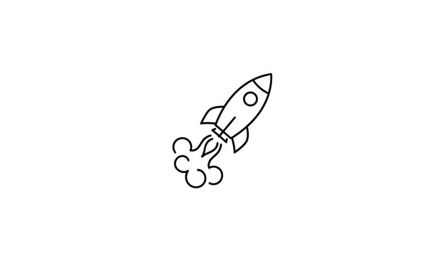 Simple line art illustration of a rocket launching with smoke trails, symbolizing startup, speed, and innovation.