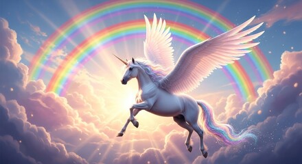 Winged Unicorn Flying Through Rainbow Clouds, Mythical Creature Fantasy Art © harjuno