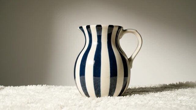 Striped pitcher on cloth.