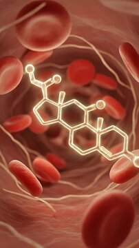 Cortisol stress hormone in bloodstream abstract medical concept of glowing steroid molecule in blood vessel with red blood cell flow tangled vein network circulation anatomy biology health science