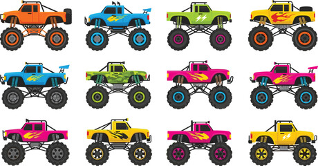 Large Set of Colorful Monster Truck Vectors with Offroad Suspension and Racing Decals for Automotive Event Flyers, Toy Packaging, and Gaming Graphic Designs © MdSohanurRahman