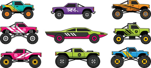 Set of Stylized Monster Truck and Offroad Vehicle Vectors with Retro Racing Decals for Video Game Assets, Extreme Sports Branding, and Modern Automotive Graphic Designs © MdSohanurRahman