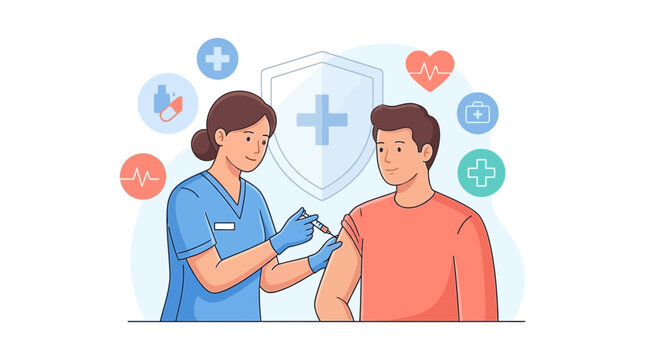Nurse give flu shot to man to help care and stay safe from a virus