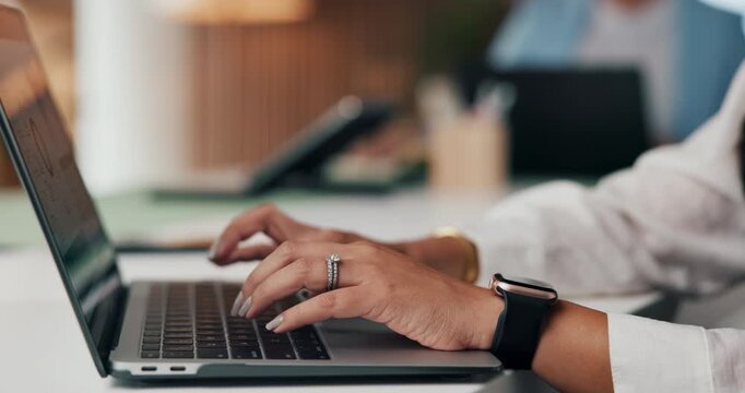 Hands, woman and typing on laptop in office for writing news article, publication and coworking. Staff, female journalist and tech at publishing agency for submission draft, editor feedback and email