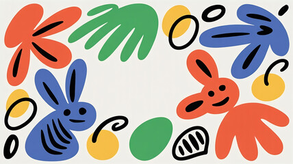 Naklejka premium Colorful abstract rabbits and shapes vector illustration blue orange green yellow