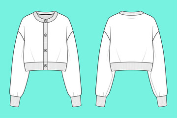 Women's Boxy Crewneck Cropped Cardigan with Drop-Shoulder Silhouette Apparel Fashion Flat Sketch Template © MdAmirul