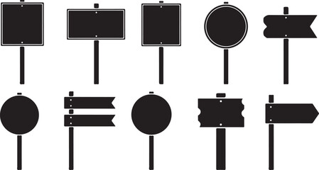Collection of various black signpost shapes on transparent background silhouette © Tahmina