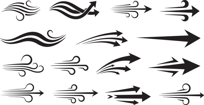 Collection of black swirl and arrow shapes on transparent background silhouette