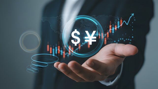 Businessman presenting a digital yen currency symbol with graphs and charts floating in his hand