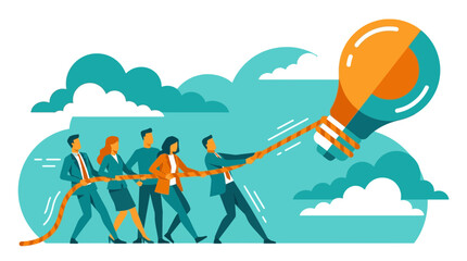 A team of five men and women pull a rope tied to a big bulb for ideas