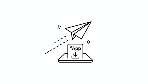 Paper airplane launching from app download icon on tablet, representing app launch or sending digital content.
