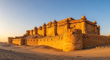Fototapeta premium Ancient Sandstone Fortress in Thar Desert Rajasthan India During Sunset Golden Hour with Blue Sky Background