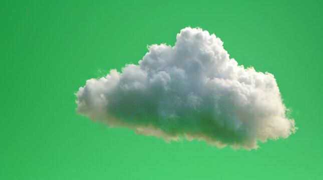 Puffy white cumulus cloud floating isolated against a vibrant, bright green screen background, ideal for seamless digital compositing and graphic design projects