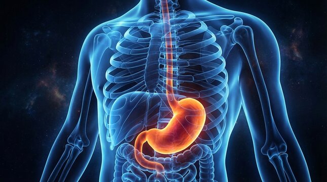 3D rendering of the human digestive system showing the esophagus and stomach glowing orange within a transparent body.