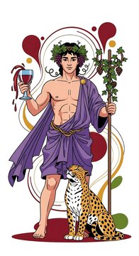 Mythological figure adorned with grapevines holds a chalice overflowing with crimson liquid beside a spotted feline