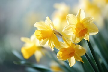 Fototapeta premium Yellow daffodils glowing in sunlight spring nature scene