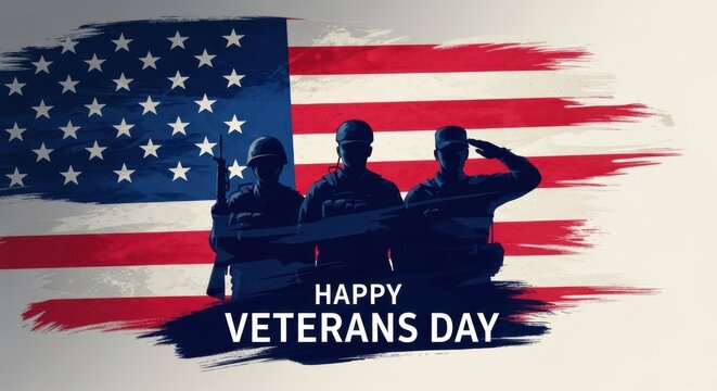 Veterans day tribute with patriotic american flag and silhouetted heroes