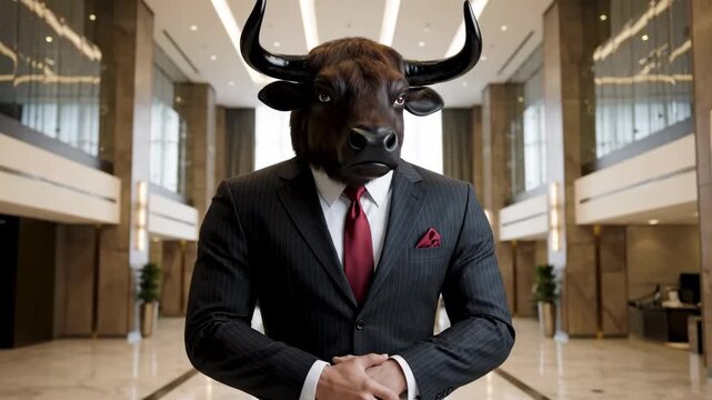 Bull-headed Businessman in Pinstripe Suit in Modern Office Lobby